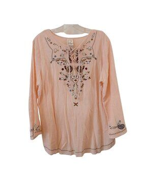 ROAMONS Women’s Tunic Style Top Size 16W  Peach w/ Embroidery Boho Hippy #I-9